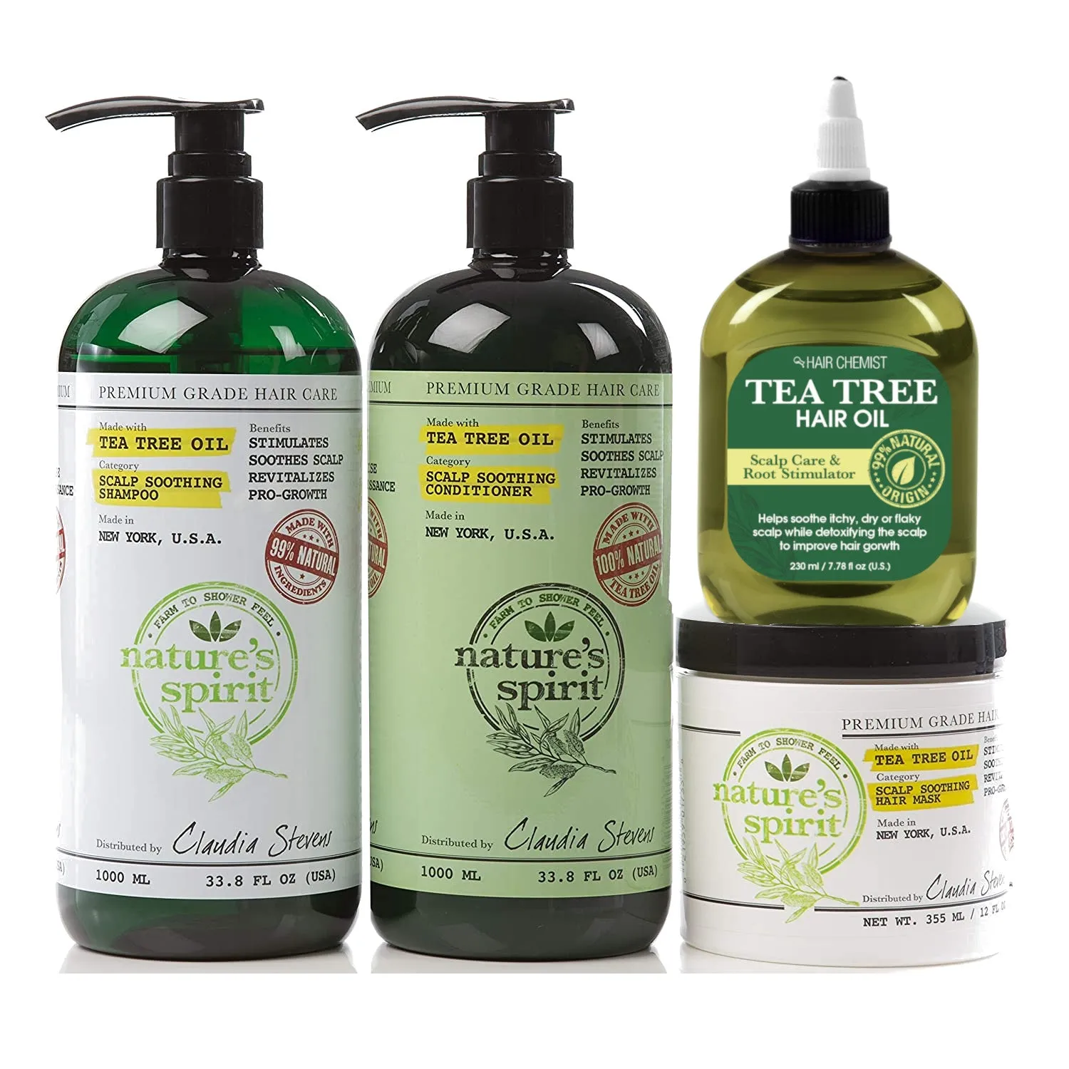 Natures Spirit Tea Tree Oil Shampoo 33.8 & Conditioner 33oz, Hair Mask 8oz & Hair Oil 8oz. 4-PC SET