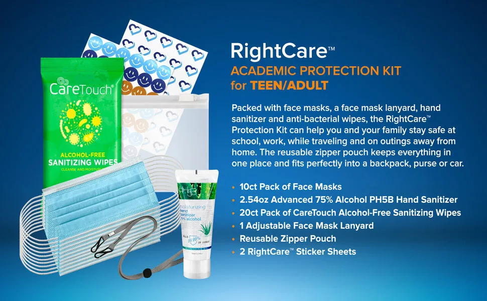 RightCare Back to Work / Office / Classroom / Travel PPE Kit For Teens & Adults - Face Masks, Hand Sanitizer, Antibacterial Wipes, Mask Lanyard, Stickers