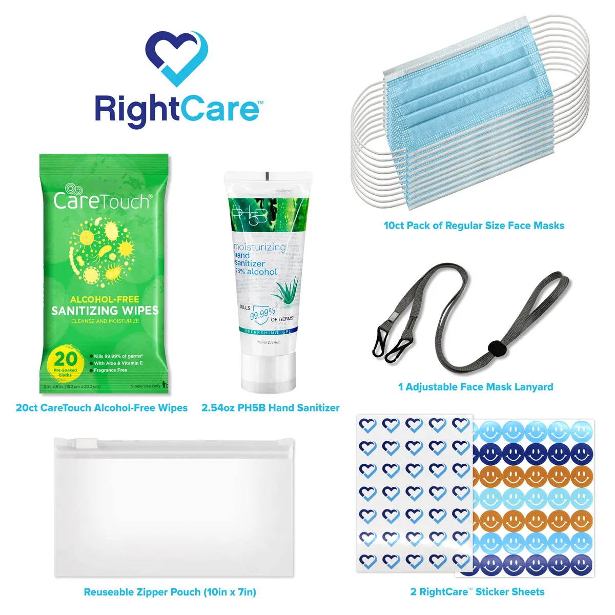 RightCare Back to Work / Office / Classroom / Travel PPE Kit For Teens & Adults - Face Masks, Hand Sanitizer, Antibacterial Wipes, Mask Lanyard, Stickers