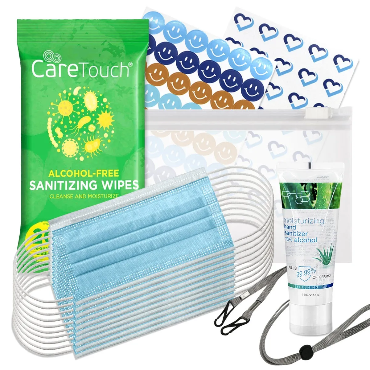 RightCare Back to Work / Office / Classroom / Travel PPE Kit For Teens & Adults - Face Masks, Hand Sanitizer, Antibacterial Wipes, Mask Lanyard, Stickers