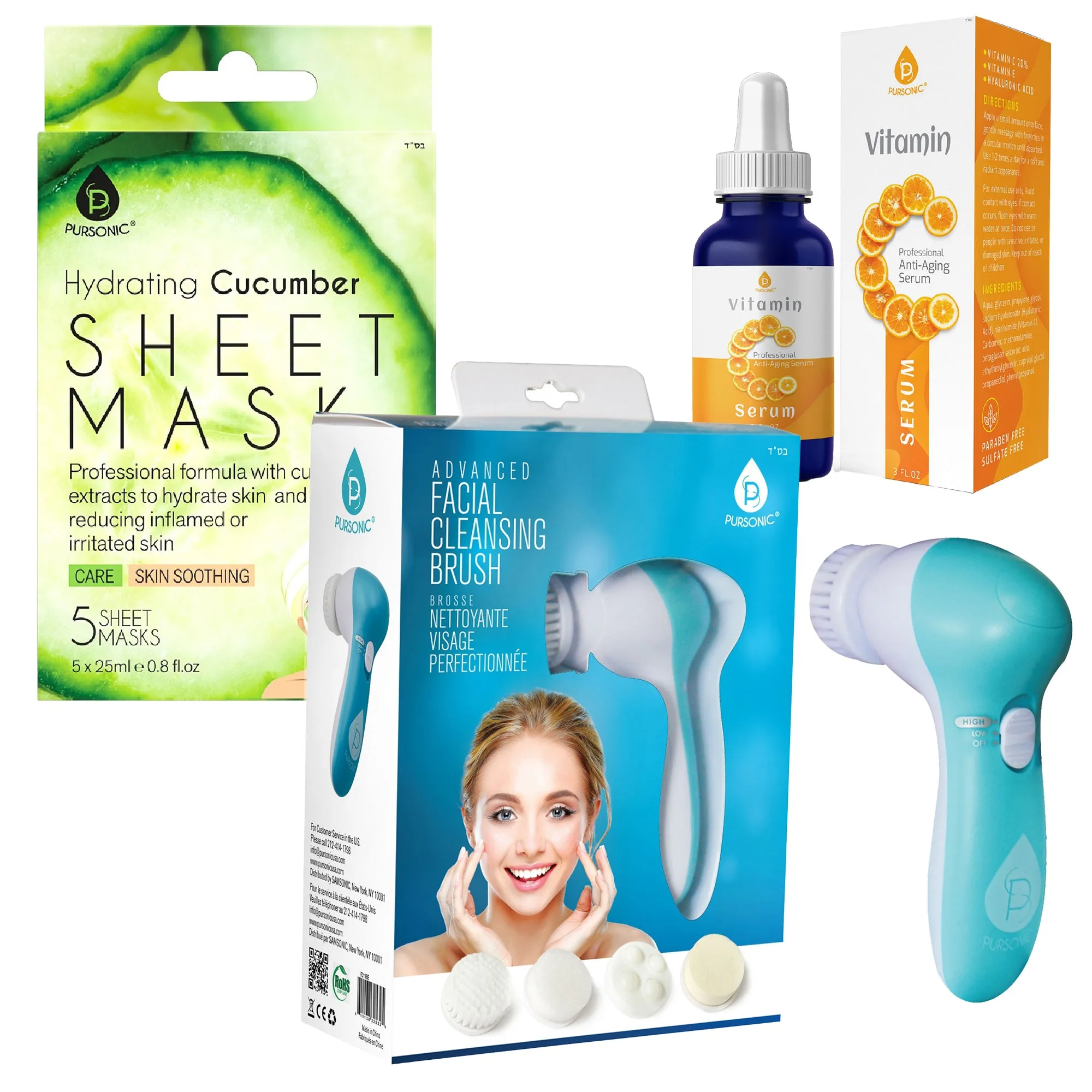 Ultimate Skincare Gift Bundle: Hydrating Cucumber Sheet Masks, Advanced Facial Cleansing Brush, Vitamin C Serum (3 fl. oz)